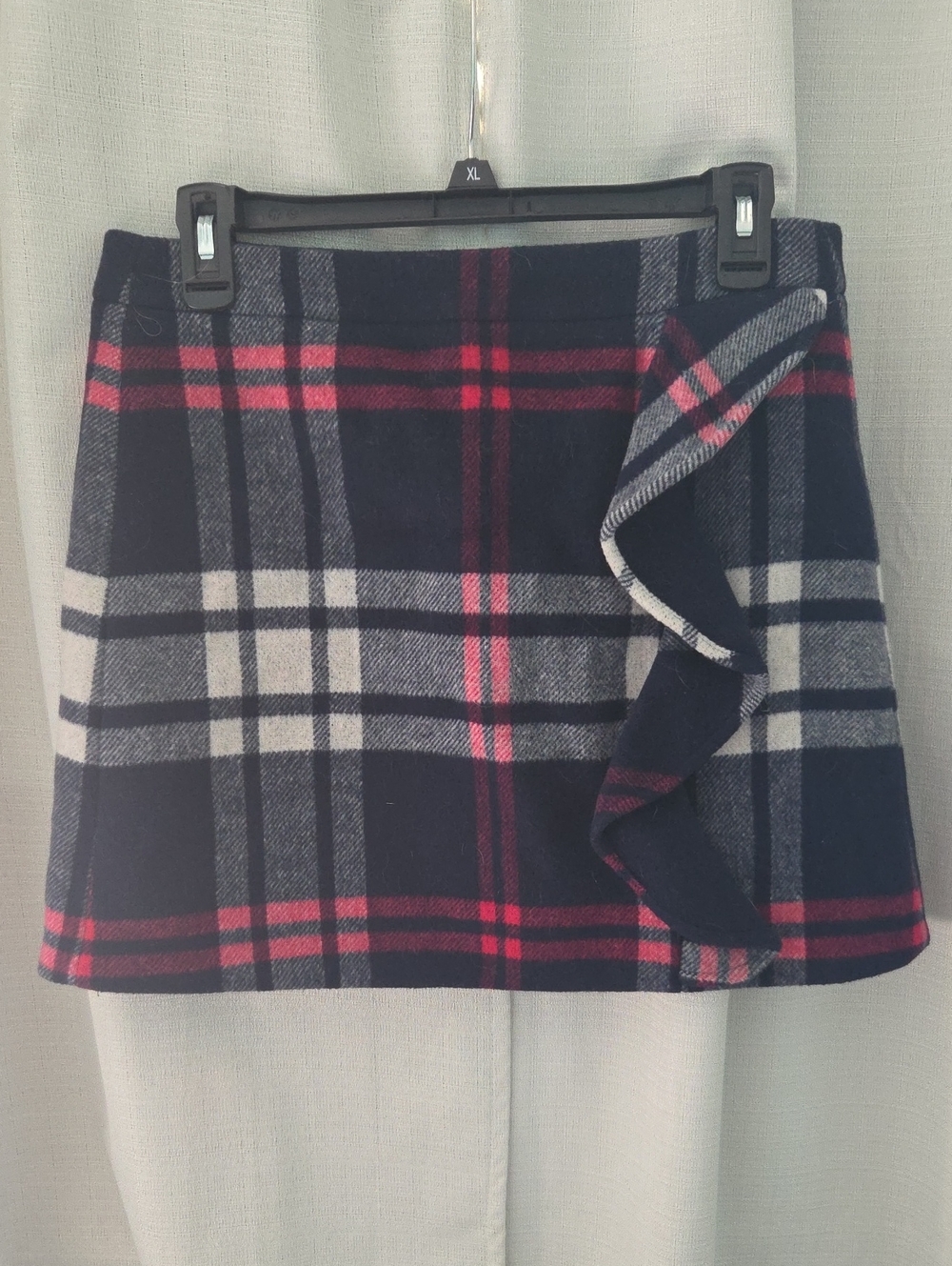 J. Crew Navy, White & Pink Plaid Ruffle Mini Skirt